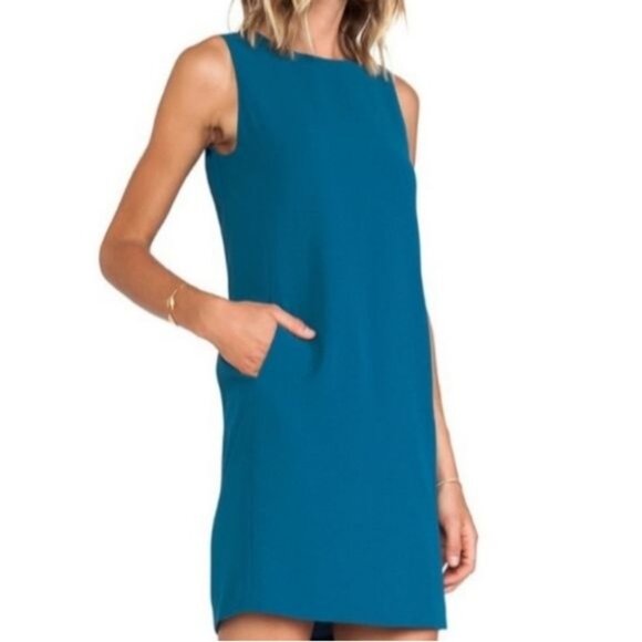 Vince Crepe Shift Dress with Pockets Size 0 Teal Blue Sleeveless Shift - Picture 9 of 9